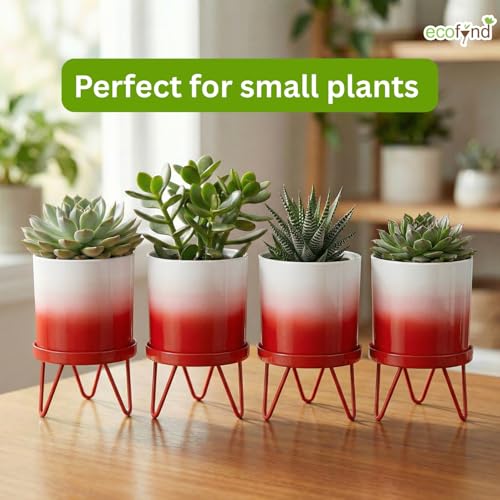 Image of ecofynd Lucas Metal Plant Pot with Red Stand, Modern Style Planter Set, Indoor Outdoor Home Decor Item for Garden Plants Flower, Balcony, Patio, Living Room, Garden, Bedroom (PWS032-WHTRED)