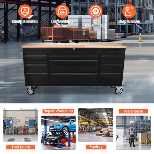 ExploreHorizon 72-Inch Heavy-Duty Rolling Tool Chest & Mobile Workbench with 15 Drawers, Steel Storage Cabinet with Rubber Wood Top, Key Lock, Drawer Liners and Wheels for Garage, Workshop, Black