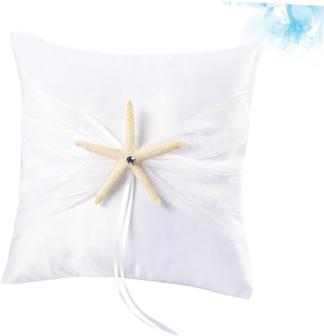 Luxshiny Ocean Theme Wedding Ring Pillow Sea Star Cushion Decorative Ring Bearer Pillow White for Western Wedding Ceremony