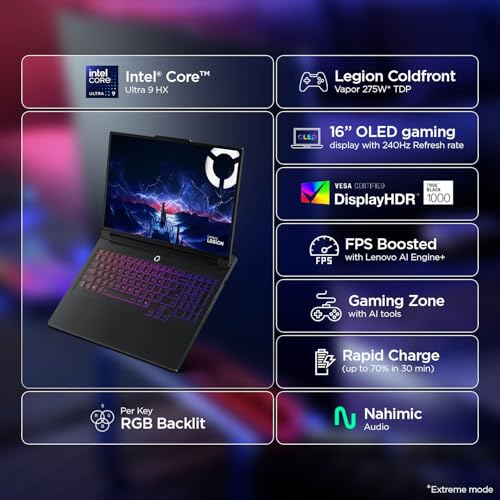 Image of Lenovo Legion Pro 7 2025 Intel Core Ultra 9 275HX | NVIDIA RTX 5080 16GB (32GB RAM /1TB SSD /WQXGA OLED /240Hz /16 (40.6cm) /Windows 11 /Office 2024+AI Now /Black /2.5Kg), 83F500D9IN AI Powered Gaming Laptop