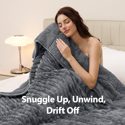 Image of Ultra-Soft Weighted Blanket for Adults(12 lbs, 48 inch x 72 inch Full Size) 3D Striped Sherpa Fleece Reversible Heavy Blanket with Glass Beads, Perfect for 100-140 lbs, Machine Washable, Grey
