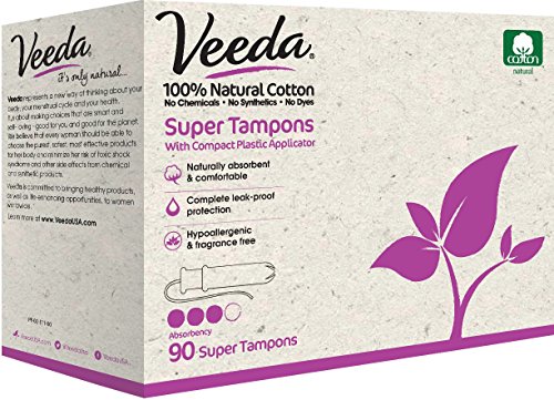 Veeda 100% Natural Cotton Tampons - Super Absorbency with leak proof protection - Compact BPA-Free Applicator - Unscented & Free from Chlorine, Toxin - 90 Count