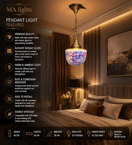 Image of Mosaic Glass Pendant Light with Brass Chain, Multicolour