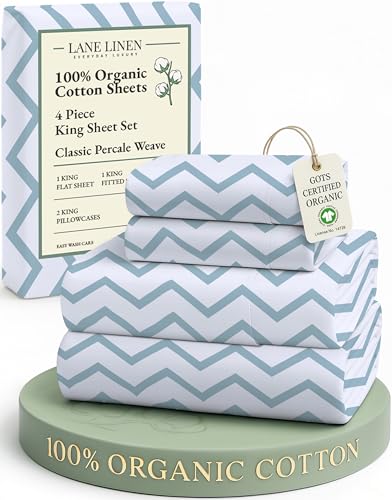 Image of LANE LINEN 100% Organic Cotton Printed King Sheets, Soft & Comfy Percale Sheets Naturally Temperature Regulating Mercerized Cotton Fully Elasticized Printed King Bedding Set-Chevron