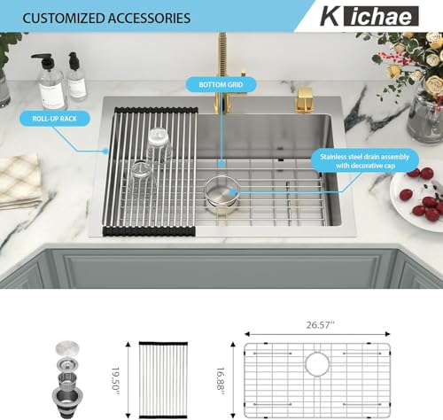 Image of Kichae 30 Inch Drop In Kitchen Sink - Stainless Steel Kitchen Sinks 30x22x9 Inch Topmount Overmount Single Bowl Handmade Basin