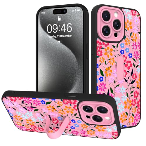 Image of for iPhone 15 Pro Max Case with Finger Strap Holder, Cute Colorful Floral Flower Print Pattern Design for Women Girls, Shockproof Anti Scratch Hand Kickstand Protective Cover, Pink