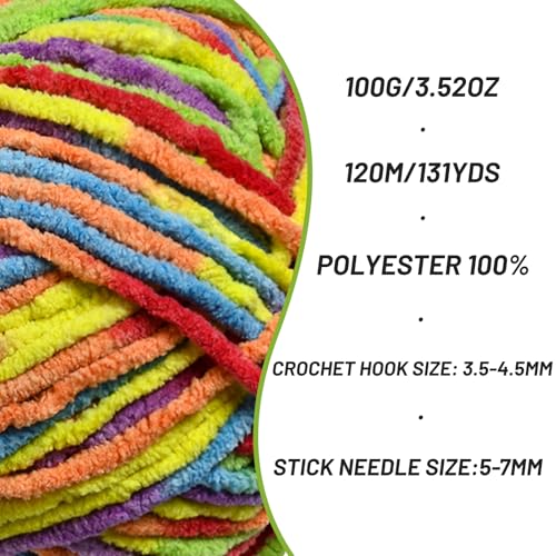 Image of 3 Packs Plush Chenille Chunky Crochet Yarn - Baby Yarn for Crocheting Soft - Velvet Yarns Knitting for Blankets Crafts - Fluffy Amigurumi Yarns 300g / 393yd (3 Rainbow)