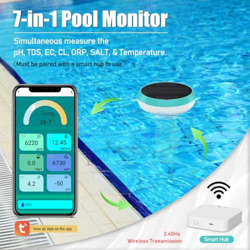 Image of Digital Pool Water Tester, 7-in-1 Smart Floating Meter, WiFi Enabled, Chlorine, Salinity, Tests pH, ORP, EC, TDS, Temperature, Chlorine