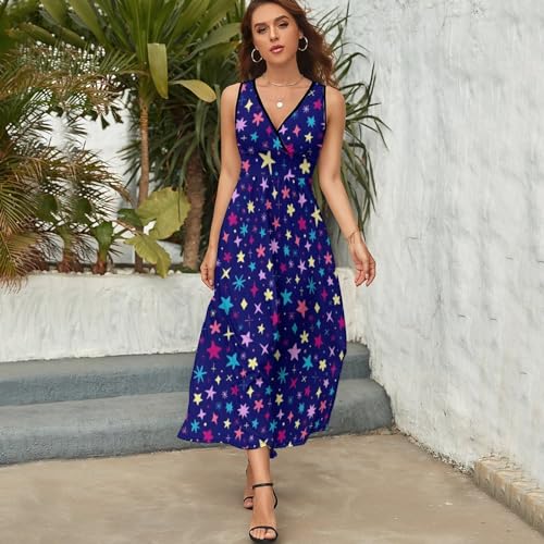 Robe maxi sans manches imprimé étoiles et lune avec un décolleté en V - 3