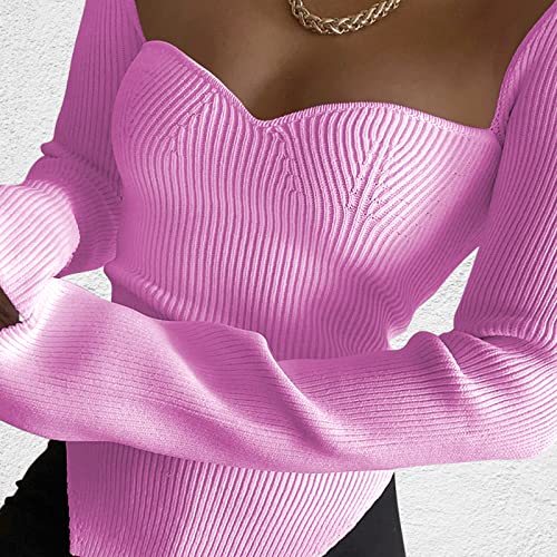 Image of Women's Square Neck Ribbed Knitted Sweater Long Sleeve Crop Slim Fitted Basic Pullover Tops