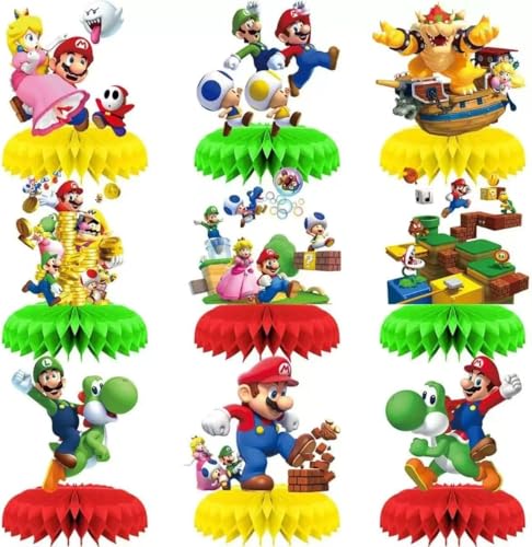 For Mario Birthday Party Supplies , 9Pcs Honeycomb Centerpieces for Mario Party Decorations, Double Sided Table Decorations Centerpieces Party .
