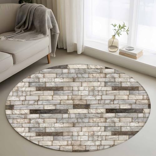Brown Marble Round Area Rugs 3 ft, Country Vintage Stone Wall Marble Brick Washable Small Area Rug with Non-Slip Sturdy Edge Binding Round Front Door Mat Floor Carpet for Entryway