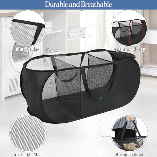 Image of Pop Up Laundry Hamper Mesh Laundry Basket, Collapsible Popup Hamper Dirty Clothes Basket with 3 Compartments, Side Pocket, Carry Handles for Home, Dorm, Bathroom, Bedroom, Travel-Black