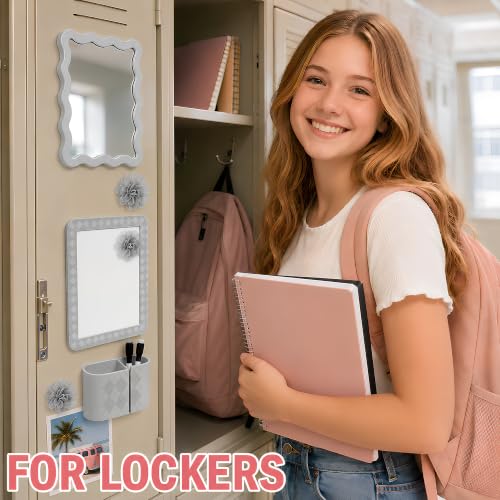 Image of 8 PCS Gray Locker Accessories Kit for Girls with Magnetic Mirror Whiteboard Pen Holder Flower Magnets Cute Aesthetic Locker Decoration Set for School Dorm Office Organization