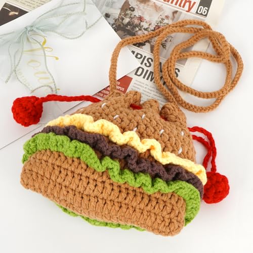 Women Mini Hamburger Design Knitting yarn Woven Crossbody Shoulder Bag Drawstring Bucket Bag3