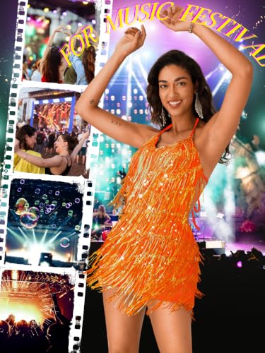 Image of Kaei&Shi Sequin Fringe Romper,Sparkly Glitter Metallic Jumpsuits For Women,Backless Shorts Dress Disco Birthday Dance Outfit