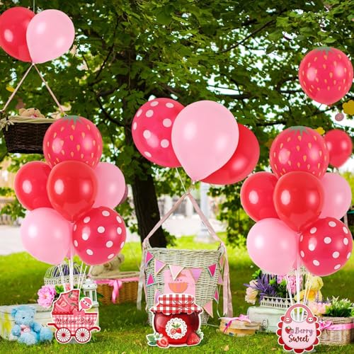 Image of 6 Sets Strawberry Balloon Stand Kit for Table Strawberry Baby Shower Centerpieces with Balloon Sweet Strawberry Party Balloon Decorations for Girls Strawberry Birthday Themed Supplies