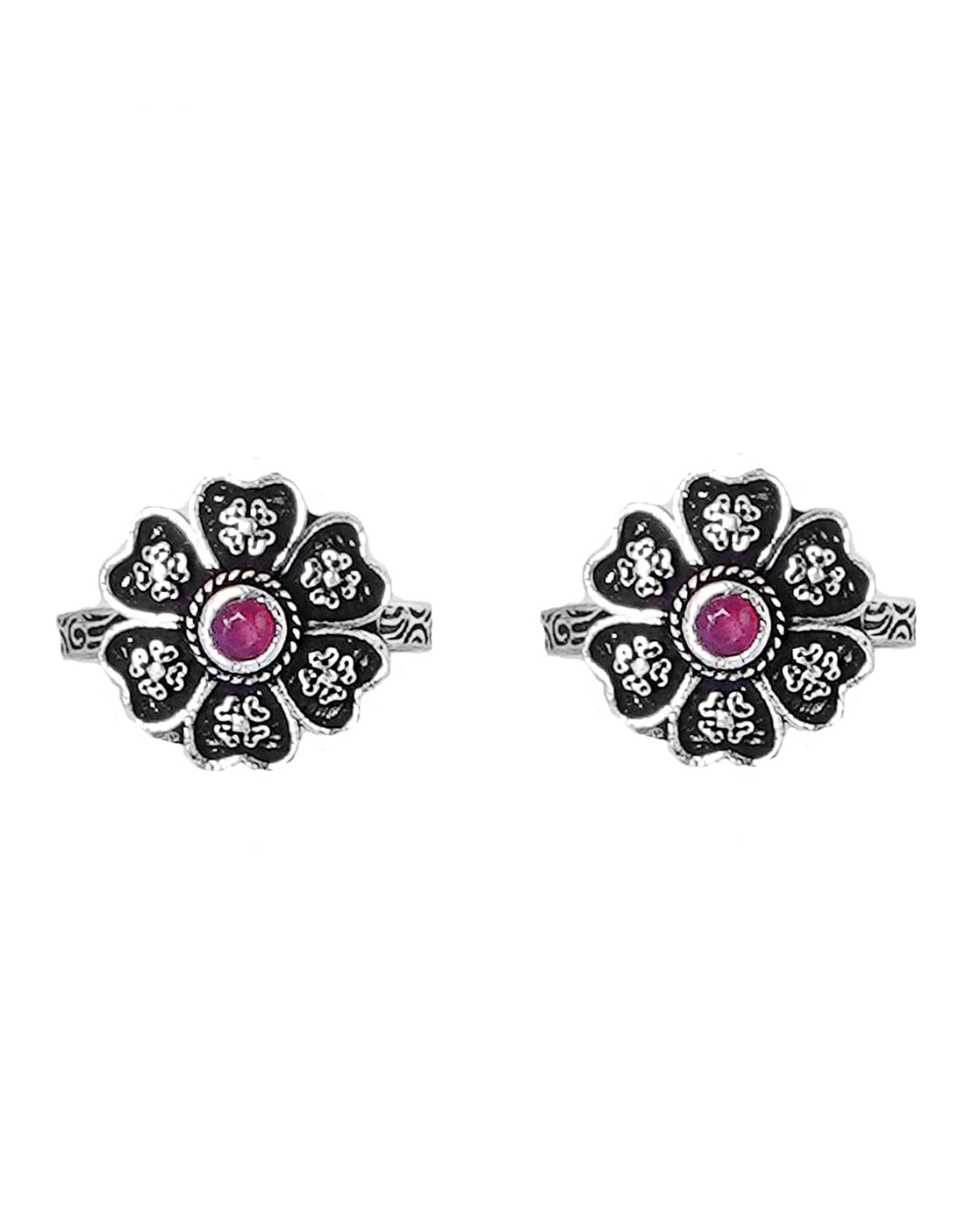 Ruhi Pink Stone Silver Oxidised Toe Rings for Women