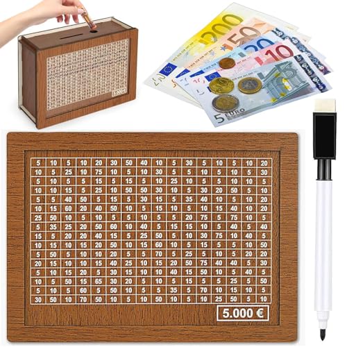 Spardose aus Holz - spardose mit zähler für 5000 Euro Wiederverwendbare Spardose mit Sparziel und Zahlen zum ankreuzen Retro Sparbüchse Aufbewahrungsbox für Erwachsene und Kinder