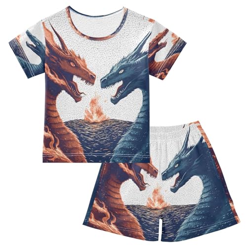 ALAZA Dragon Red Blue Pajamas Set Short Sleeve Cotton Sleepwear Summer Pjs 2 Piece 5-14Y
