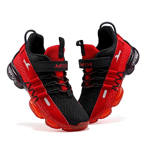 Jmfchi Boys Girls Kids' Sneakers Knitted Mesh Sports Shoes Breathable Lightweight Running Shoes For Kids Fashion Athletic Casual Shoes Black/Red Size 5 #TOP6