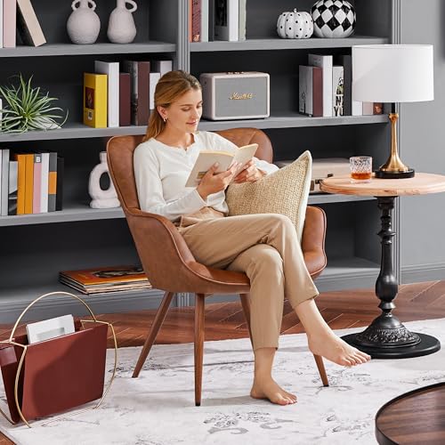 Yaheetech PU Leather Armchair, Modern Accent Chair with Metal Legs, Comfy Upholstered Barrel Chair for Living Room Bedroom Vanity Room, Brown - Image 3