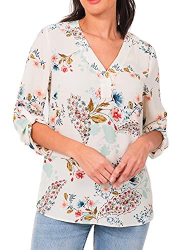 Dr2 By Daniel Rainn V Neck 3/4 Roll Tab Sleeve Woven Top (D182, L) #TOP24