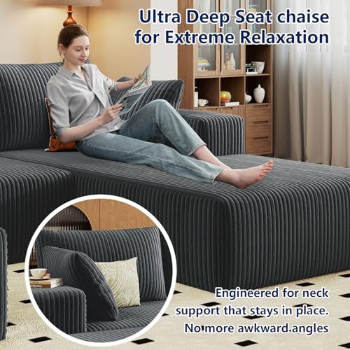 Image of 96 inch Modular Sectional Sofa with Ottoman, Modern Corduroy Cloud Couch with Deep Seat, Boneless Couch Upholstered 3-Seater U-Shaped Sofa for Living Room, No Assembly (Grey, Right-Facing Chaise)