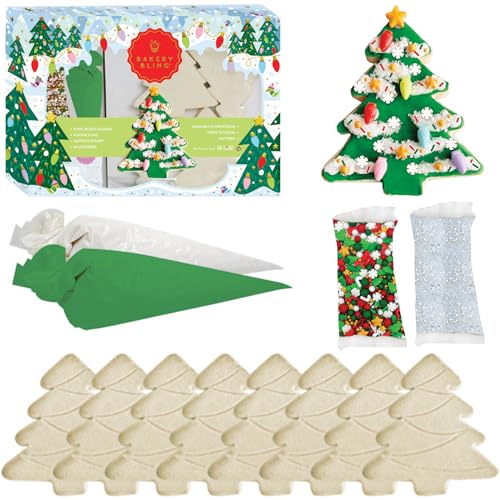 Starlight Christmas Tree Cookie Decorating Kit by Bakery Bling | 8 Pre-Baked Vanilla Cookies, White and Green Icing, Glittery Sugar, Candy Decorations, Nut-Free, Dairy-Free, Made in the USA