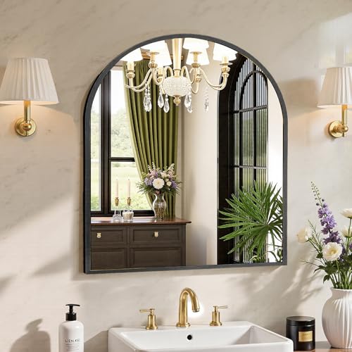 Image of Sweetcrispy 31 inchx32 inch Arched Black Bathroom Mirrors for Wall, Bathroom Mirrors for Over Sink, Metal Framed with HD Shatter-Proof Glass for Entryway, Living Room, Bedroom