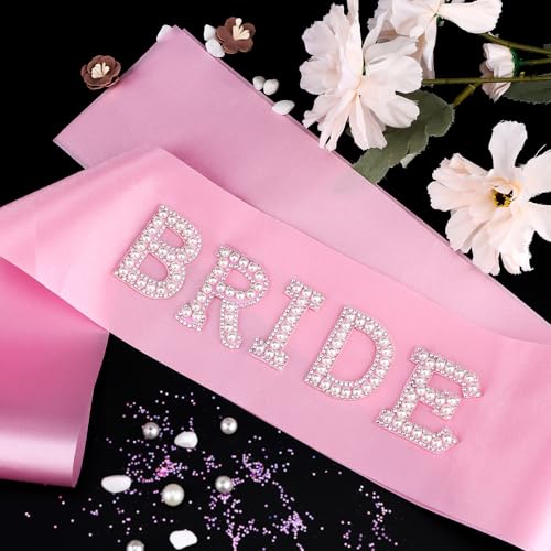 Pink Satin Bride Sash with White Pearl Letters - Bachelorette Party, Bridal Shower & Wedding3