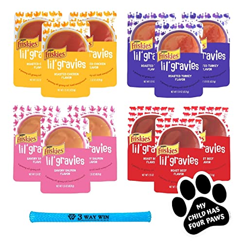 Friskies Lil' Gravies for Cats Variety Bundle | 4 Flavors of Cat Gravy Pouches, (3) Each: Roasted Chicken, Roasted Turkey, Roast Beef, and Savory Salmon (1.55 OZ.) | Plus Kitty Toy and Paw Magnet!
