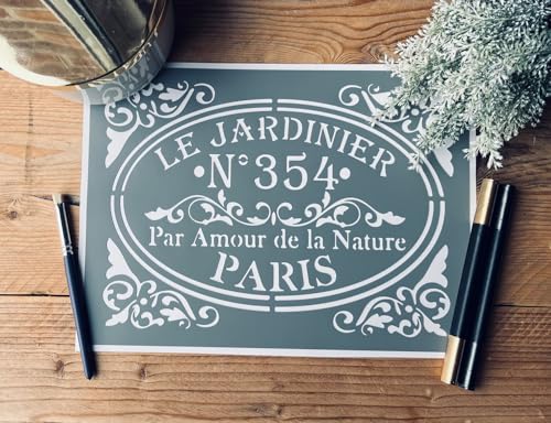 Pochoir Adhésif Le Jardinier Nature 30x20 Cm – Stencil Vintage Jardin Réutilisable – Pochoir Mural Meuble Bois Tissu DIY Décoration Champêtre Rétro...