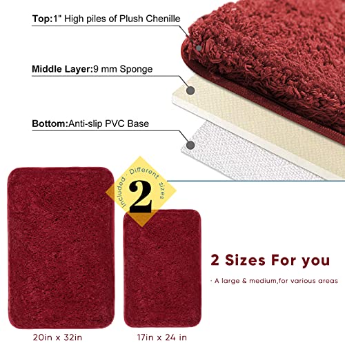 Elehold Fluffy Plush Bath Rug (20" X 32" Plus 16" X 24", Wine Red) Super Shaggy Soft Comfortable Non Slip, Water Absorbent Microfiber Bath Mat Machine Washable Thick Bathroom Floor Rugs For Shower #TOP5