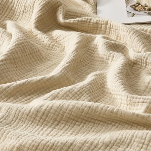 R.SHARE 100% Baumwolle Musselin Decke 220x240cm, 4-lagige Atmungsaktive Weiche Baumwolldecke Sommerdecke mit Fransen Tagesdecke Couch Überwurf Sofaüberwurf Couchdecke Alle Jahreszeiten, Beige