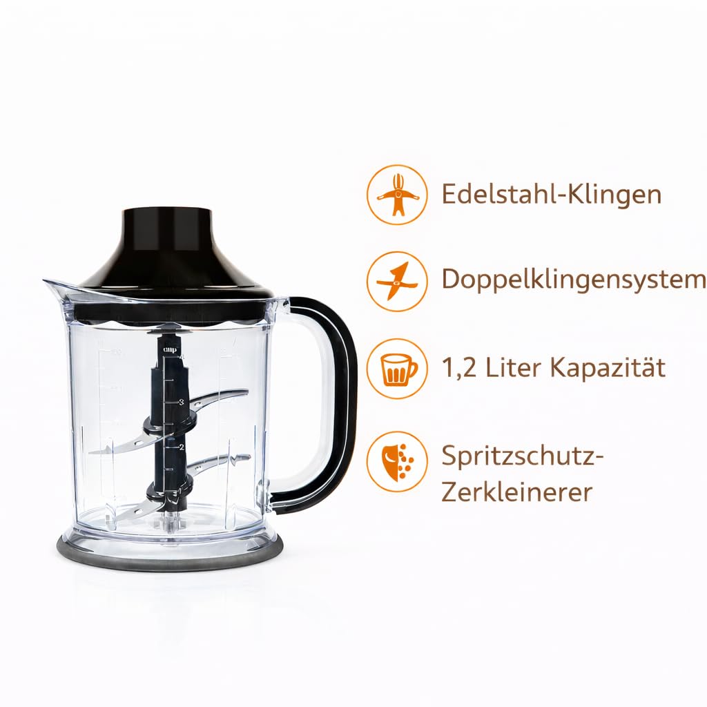 arnica Diva Trend Set Stabmixer - 1200W - Edelstahl Mixstab mit Zerkleinerer Schneebesen - Turbo Funktion – 1.2L Behälter - 600ml Messbecher