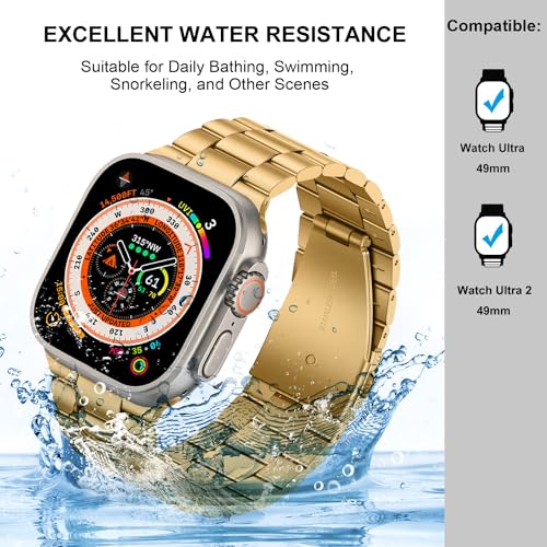 Image of HITZEE Compatible with Apple Watch Ultra Band 49mm Business Stainless Steel Metal Strap Men Women Link Bands Compatible for Apple Watch Ultra 3 /2 /1, 49mm Gold
