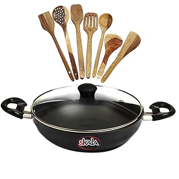 SKALA Kadhai 28cm with Glass Lid | Set of 7 Wooden Spoons | Classic Combo Pack Hard Anodised (Non-Induction Base) cookware Set (Non-Stick) | Gas Stovetop | Aluminium Black