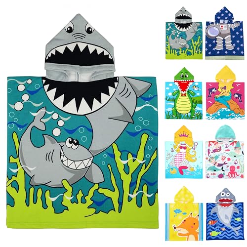 MOUNDHONG Cute Animal Hooded Beach Towel, Microfiber Bath Towels for Kids Toddler Infant Boy Girl, Animal Towels for Bath Pool Swim Swimwear Summer Beach Cartoon Shower Gifts (24x24 Inch, Shark)