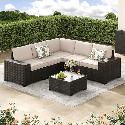 Jing's Villa 6-Piece Patio Furniture Set, All-Weather Outdoor Wicker Sectional Sofa with Cushions, Glass...