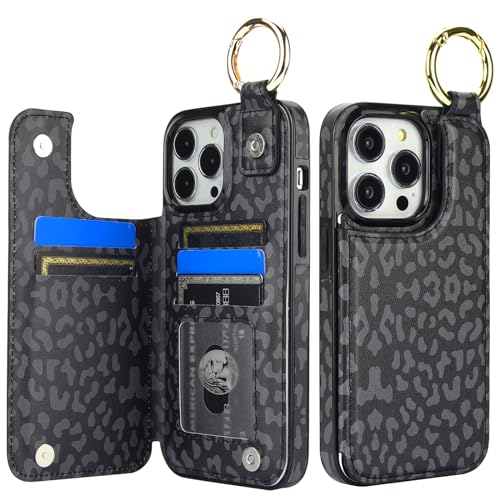 Image of HAOPINSH for iPhone 13 Pro Max Wallet Case with Card Holder, Black Leopard Cheetah Print Back Flip Folio PU Leather Kickstand Card Slots Case, Finger Grip Ring Double Magnetic Cover 6.7 inch