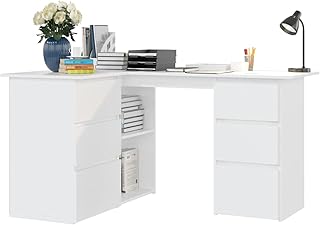 Keketa L-Shaped Corner Desk, Writing Desks with Bookshelf and Drawer, Computer Desk Writing Table, Workstation Study Working Desk for Home Office White 145x100x76 cm Engineered Wood