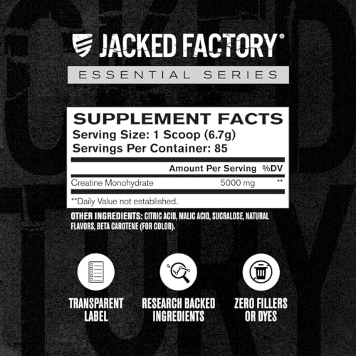 Image of Jacked Factory Creatine Monohydrate Powder 425g - 5g Daily Creatine Supplement for Men and Women, Vegan-Friendly, Third-Party Tested - 85 Servings, Peach Mango