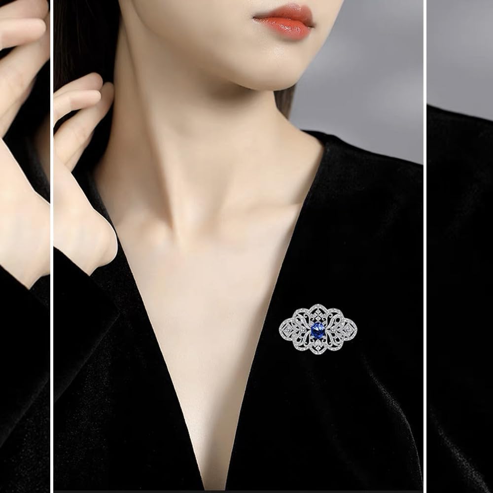 Blue CZ Wedding Brooch Pin for Women Girls Brides Silver-Toned Dainty Mazarine Birthstone Vintage Filigree Geometric Flower Brooches Lapel Pins Hat Tie Bridal Corsage Dress Accessories Birthday Prom Party Jewelry Gift - Image 4