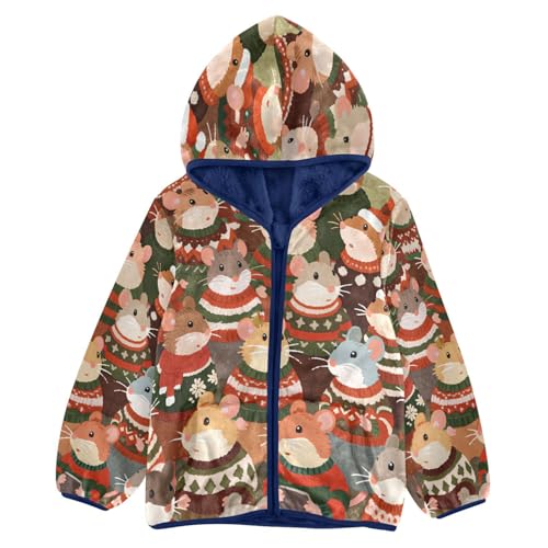 Cute Mice in Sweaters Pattern Toddler Fleece Jacket Girl Boys Hooded Fleece Jacket Coat Warm Outwear Zip-up 3-10T