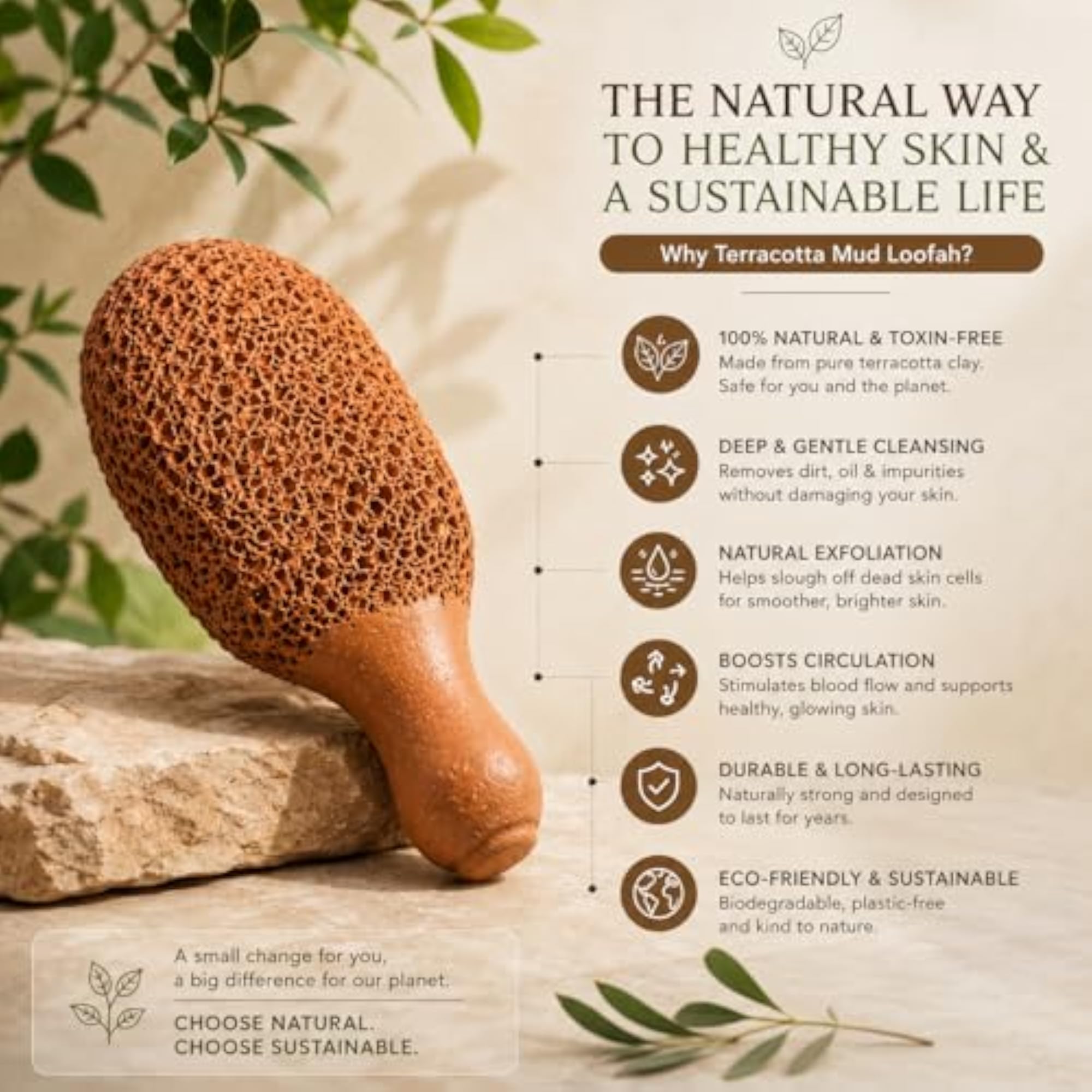 Terracotta Mud Loofah with Handle, Natural Exfoliating Scrubber
