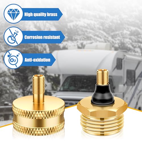 Image of 5PCS RV Antifreeze Brass Blow Out Plug for Winterization, RV Blowout Winterizing Adapter Fitting with Tire Valve for Travel Trailer Camper, Air Hose Compatible with Schrader Valve to 3 /4 Garden Hose