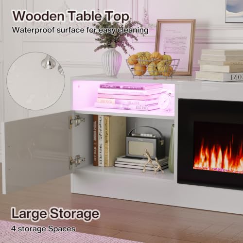 Image of Waleaf 80 inch Fireplace TV Stand with 40 inch Electric Fireplace,20 Colors LED Lights Entertainment Center for Living Room,Large High Gloss TV Console Cabinet for Televisions up to 90+ Inch