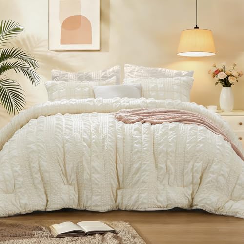 BEDELITE Queen Comforter Set Seersucker Bedding Set 3 Pieces Cream