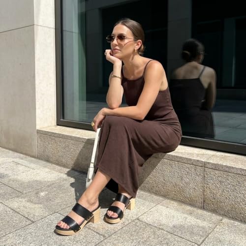 Image of CUSHIONAIRE Sky Platform Sandals for Women, Faux Wood Block Heel Slide with Comfort Foam Footbed and Vegan Leather Straps, Wide Width Available